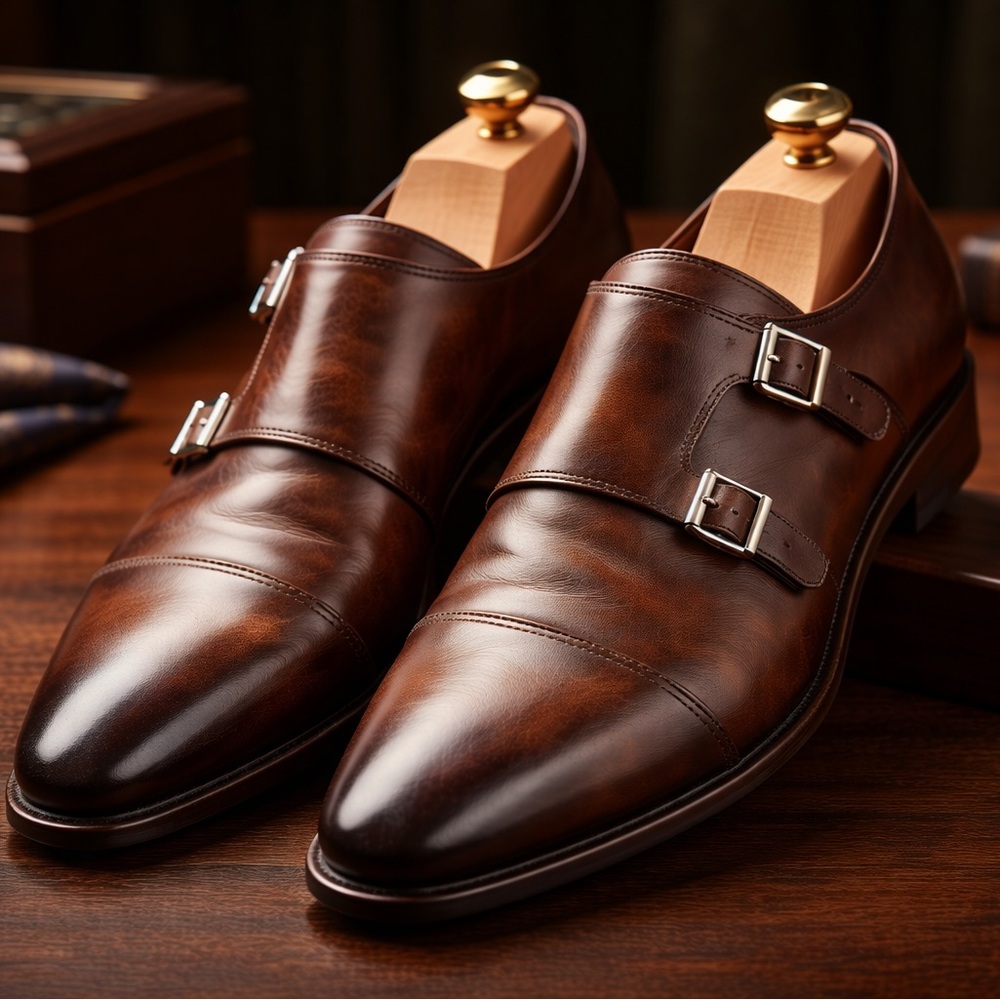 Magnanni for Nordstrom-Dark Brown Leather Double Monk Strap Oxfords